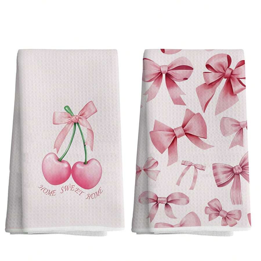 2 piezas Paños de cocina decorativos de estilo universitario en color rosa con moño de cereza, paños absorbentes decorativos para platos, manos, cocina, baño o dormitorio, regalos adecuados para mujeres y niñas