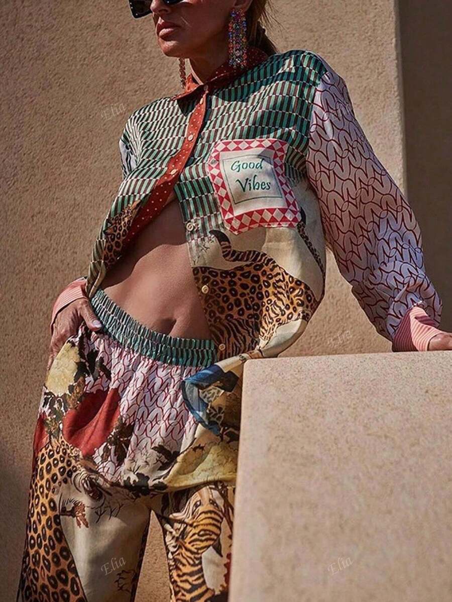 Women's Spring And Summer Thin Two Pieces Casual Leopard Print Long Sleeve Shirt And Pants Two Pieces Suit
