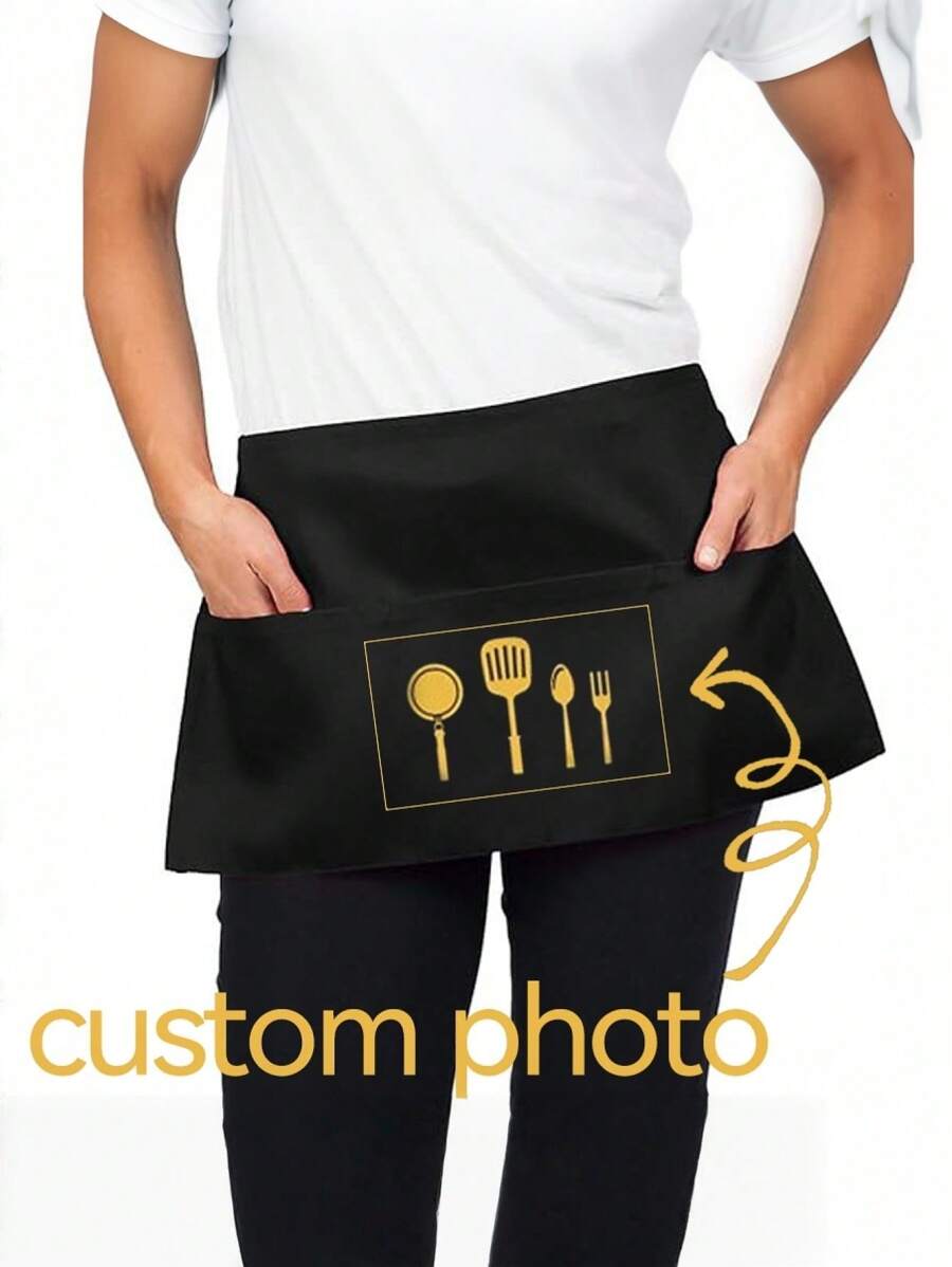 1pc Custom Graphic Half-Length Apron, Waterproof Anti-Fouling Waitress/Kitchen/Home/Holiday Gift Apron, Black