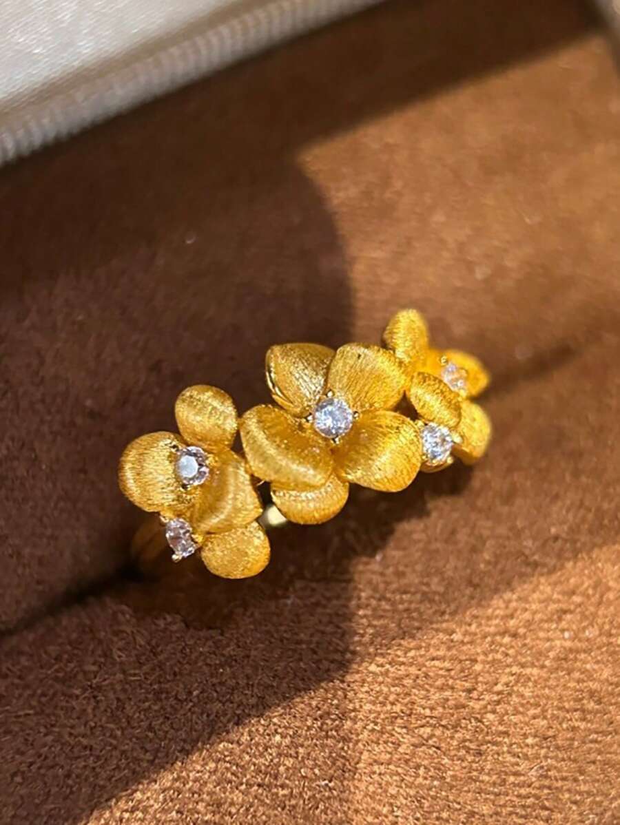 1pc Minimalist Gold-Plated Textured Crystallized Cherry Blossom Ring, Unique New Chinese-Style Vintage Delicate Versatile Ring Suitable For Women's Daily, Party, Festival Gift