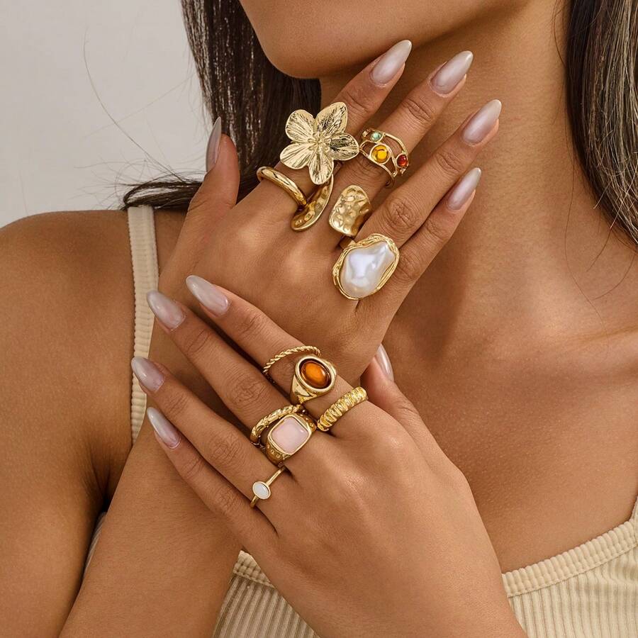 5-6pcs/Set Fashionable Versatile Boho Style Colorful Resin & Metal Flower Hoop Ring Set, Suitable For Holiday, Party, Gift, Daily Jewelry Decoration