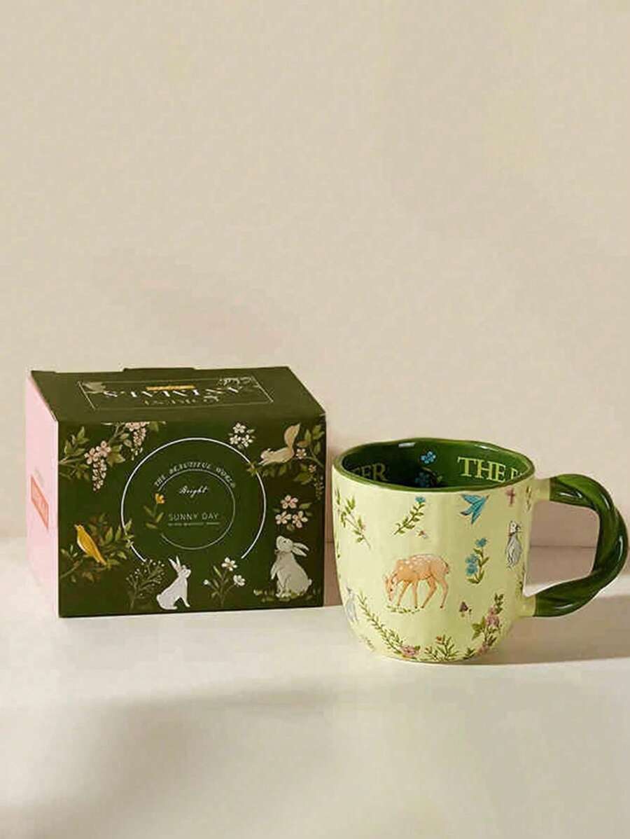 Valentinstags-Geschenke: 300ml natürliche Blumen Keramiktasse, handbemalte Tier Frühstückstasse, Paar Cartoon Gewebemuster Kaffeetassen-Set, Büro Zuhause Latte Kunst Tasse