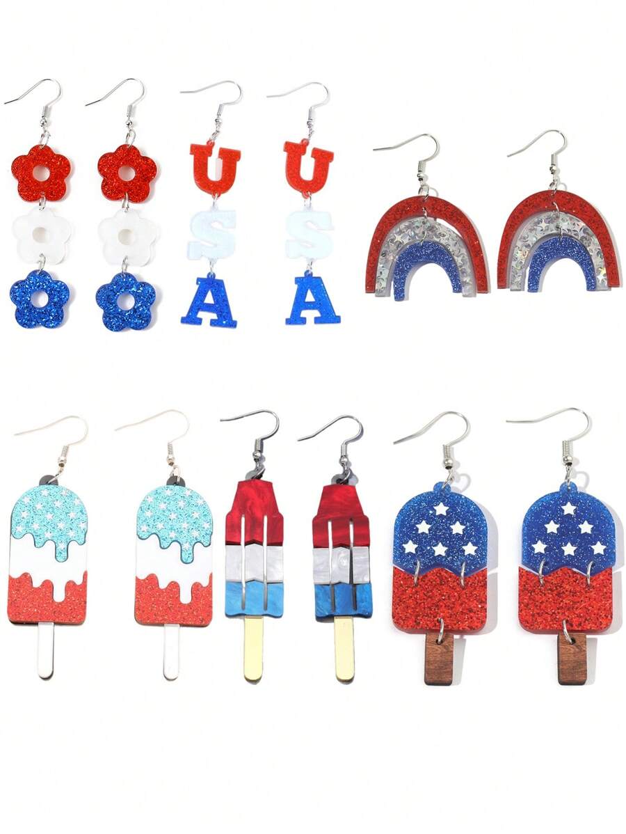 1 par de pendientes casuales con gota de color bandera de EE. UU. y estrella de acrílico para mujeres y niñas, accesorios patrióticos para el Día de la Independencia