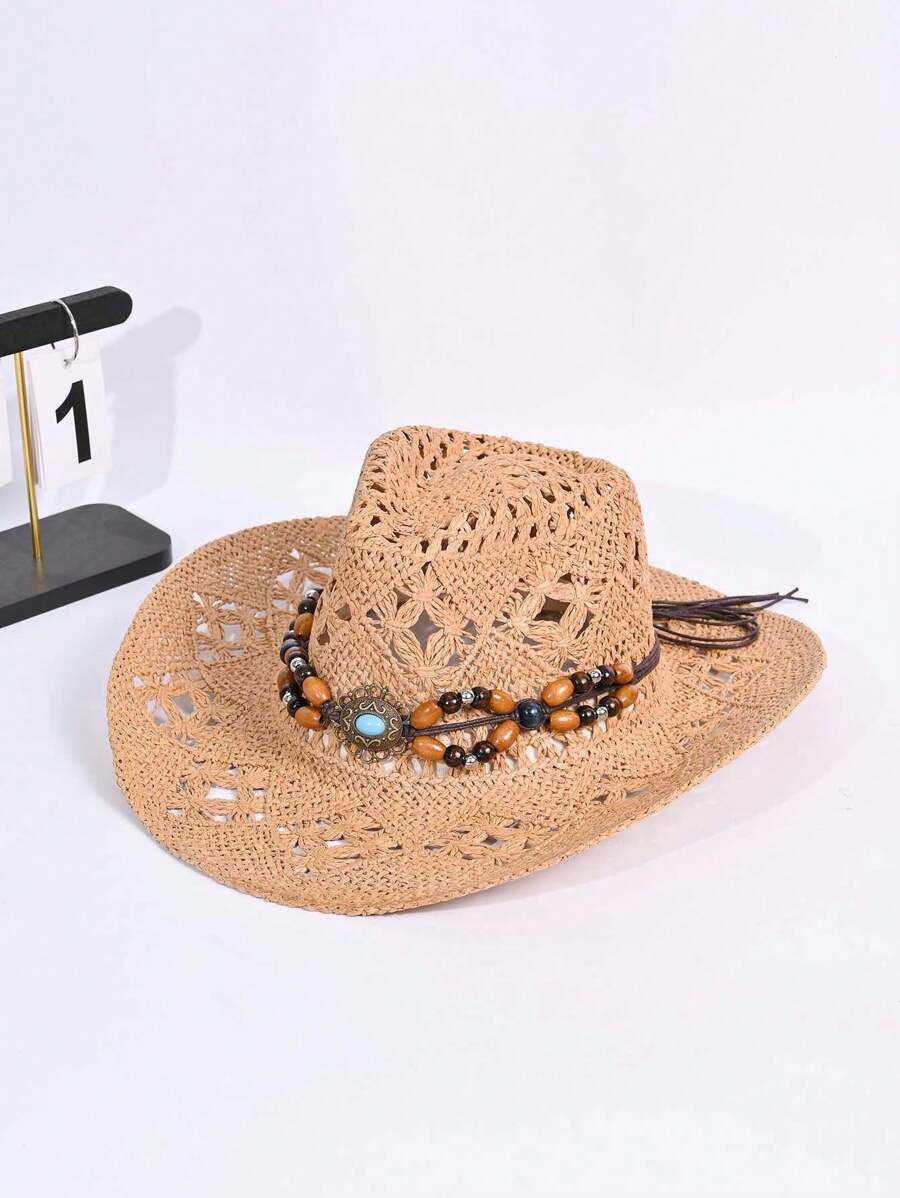 1 buc. Pălărie Panama din paie țesută manual pentru femei, pălărie de soare în stil cowboy cu bor larg, ideală pentru ținute casual, activități în aer liber, vacanță și camping