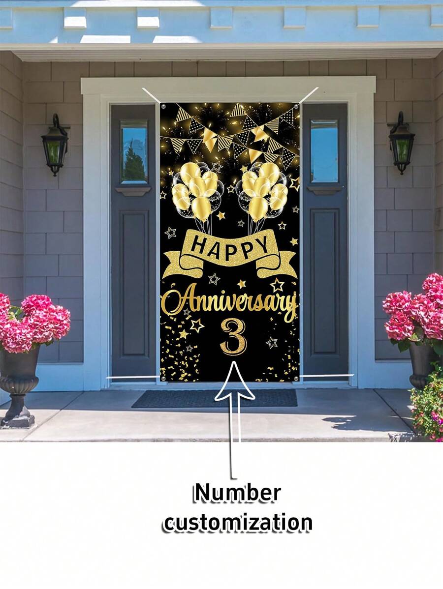 1pc Customizable Anniversary Number Anniversary Happy Photography Background Cloth, Wedding Anniversary Party Decor, Black & Gold Background
