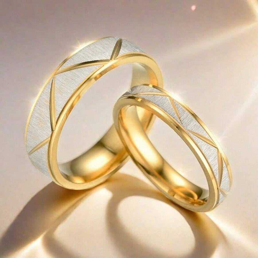 Conjunto de 2 anéis de casal banhados a ouro 18K, design para festa, casamento, joias da moda, faixa de aço inoxidável