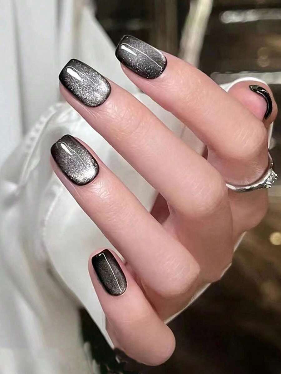 24PCS Short Square Press On Nails Creative Translucent Cat Eye Design Fake Nails Full Coverage Fake Nail Kit Office Daily Wear False Nails For Women And Girls With Nail File And Jelly Gel 1 Piece Nail Supplies