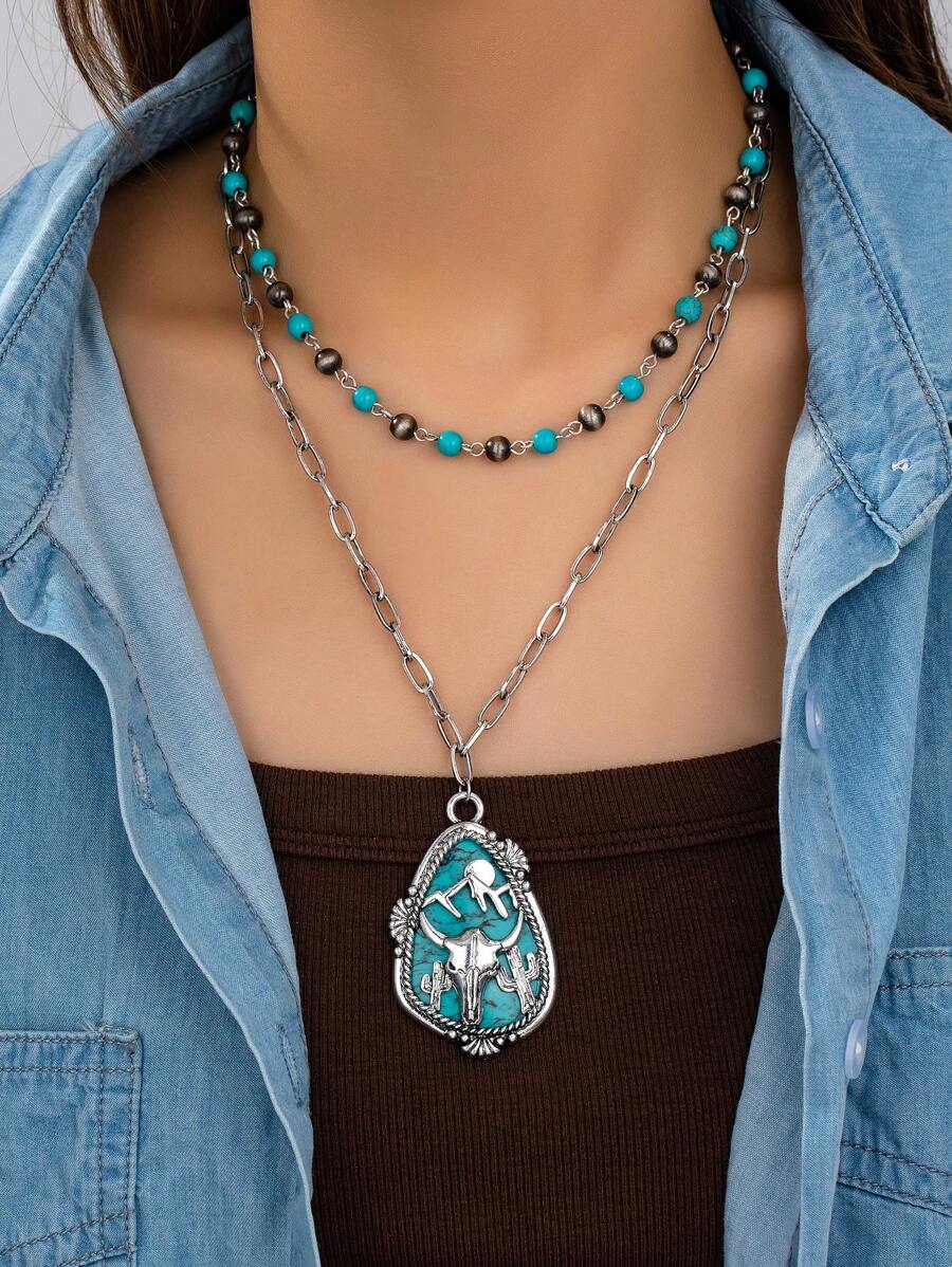 2 Pcs Western Style Blue Turquoise Stone Cowboy Boots Pendant Necklaces Set , Retro Vintage Faux Pearl Beaded Necklace , Women Western Layered Necklaces Jewelry Suitable For Cowgirl Outfit