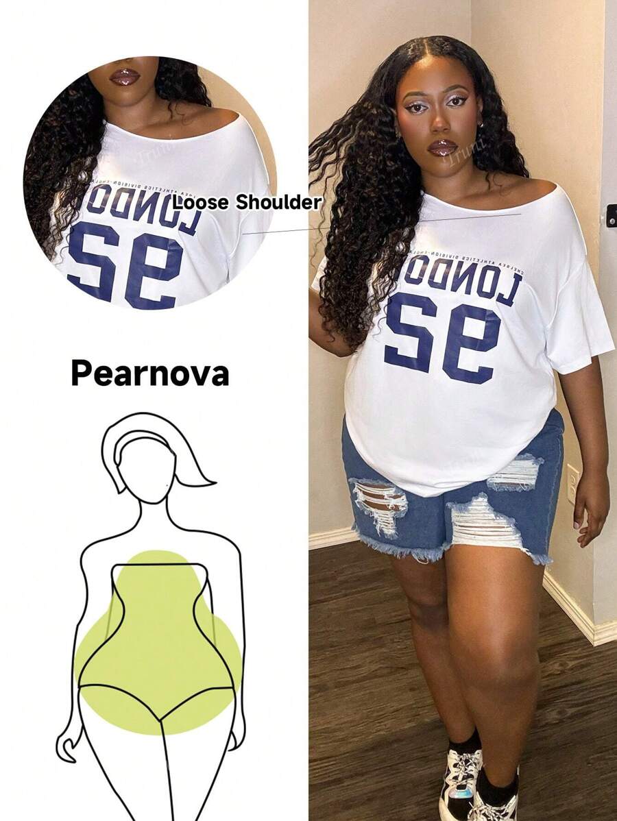 Truni Plus Size London 92 Graphic Plus Size Loose Shoulder T-Shirt, White Graphic Tees Women Tops