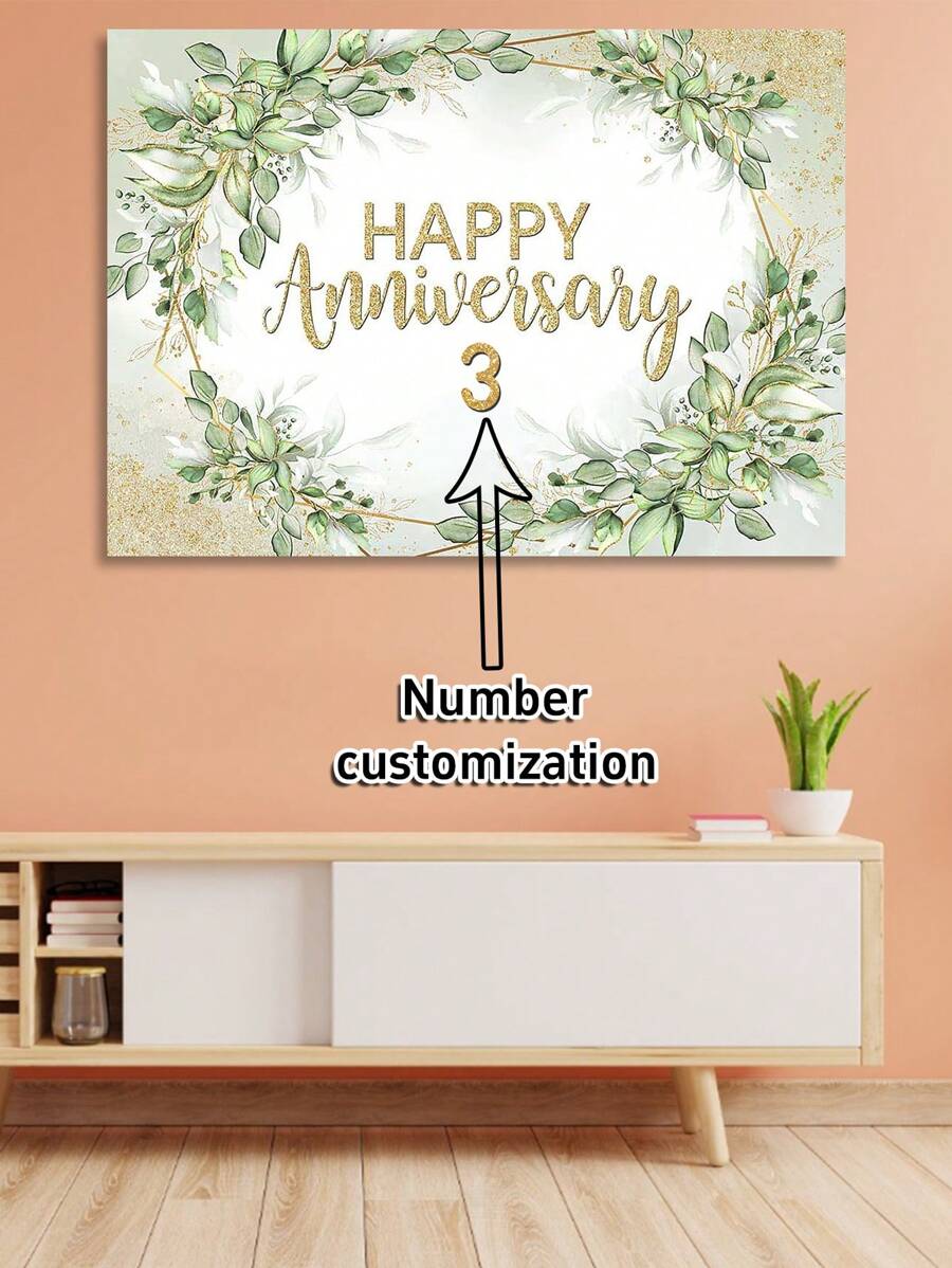 1pc Customizable Anniversary Number Green Leaf Wreath, Wedding Anniversary Party Decor, Photography Background Prop