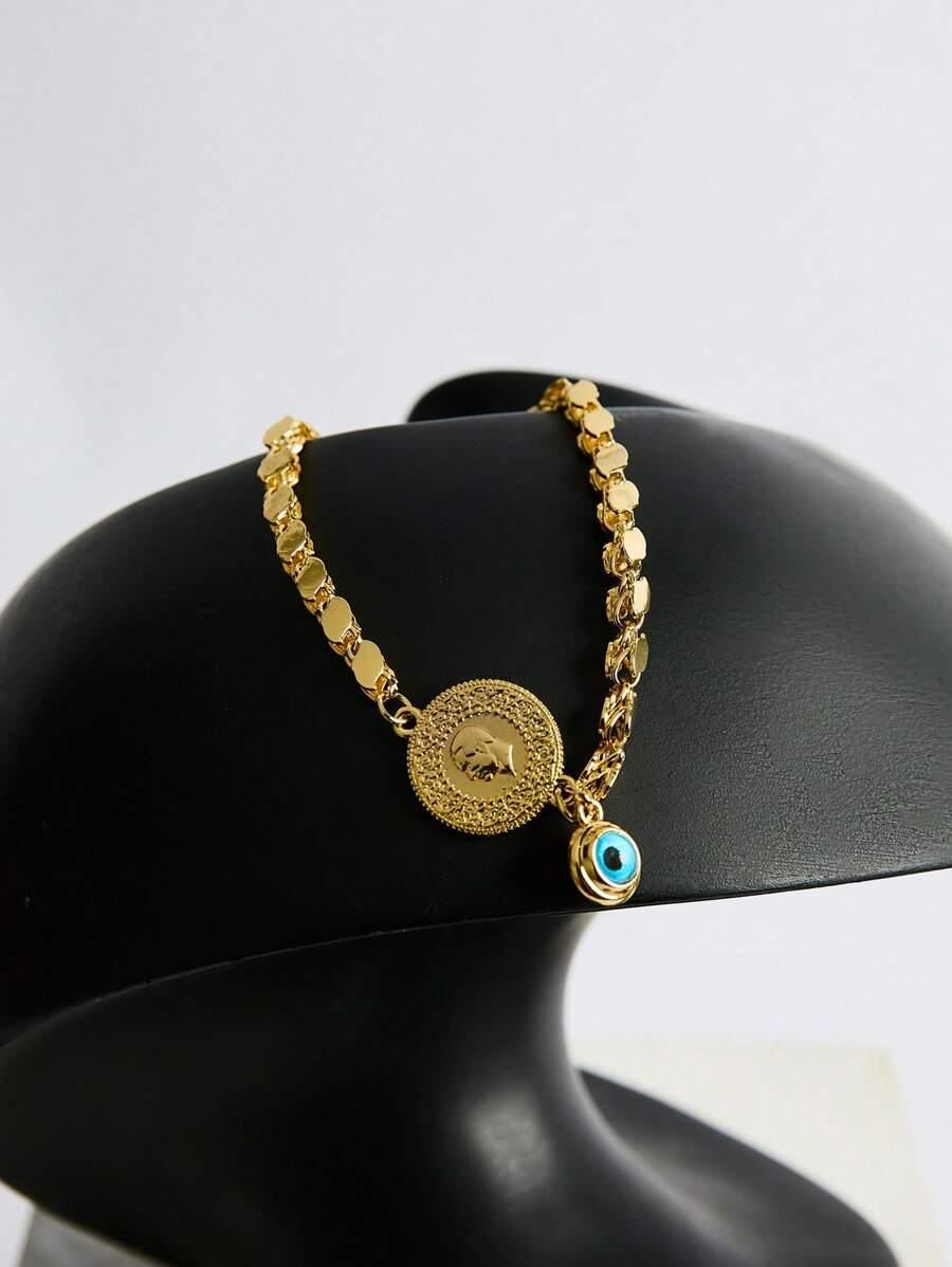 Golden Chain With Coin Decoration & Blue Crystal Charm Beaded Wristband Bracelet Unisex