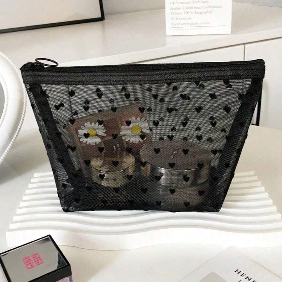 Niche INS Net Flocked Heart Shaped Toiletry Bag, Large Capacity Breathable Cute Travel Makeup Pouch