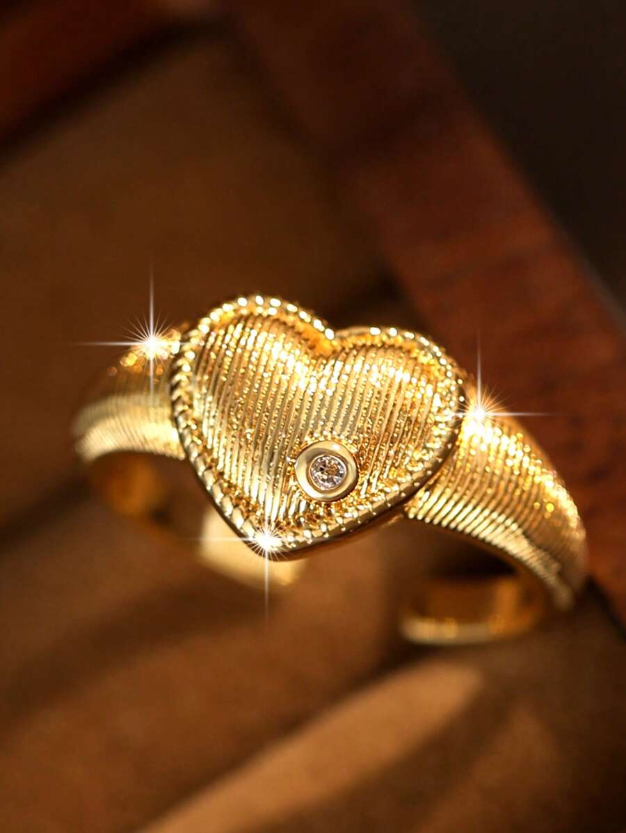 1 Peça Anel de Casal Aberto Dourado Cúbico Zircônia Coração Casual, Lindo Anel de Noivado e Casamento Feminino, Joia para Presente de Formatura, Uso Diário, Encontros
