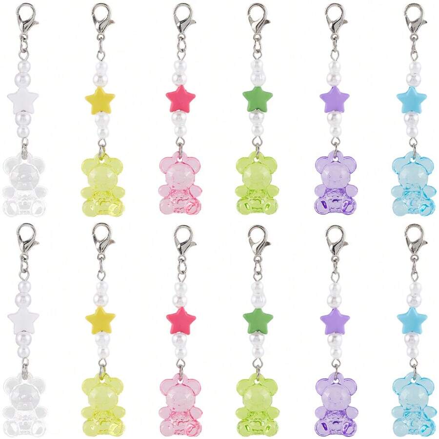 12 pièces 6 styles Pendentif en acrylique transparent d'ours et d'étoile, Breloques en alliage avec fermoir mousqueton, pour sac à dos, porte-clés et ornements, couleurs mélangées, 64mm, 2 pièces/style
