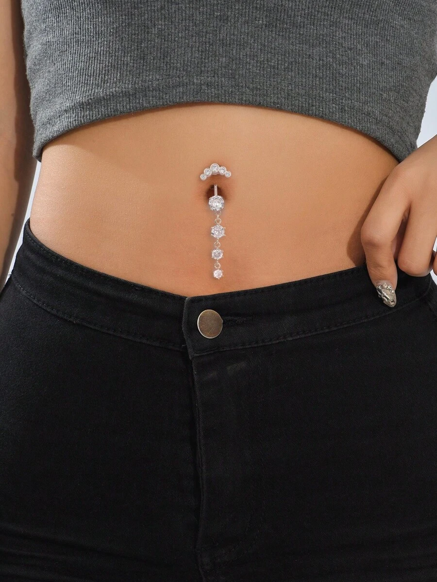 1 pièce Bijou de piercing de nombril/bouton en acier inoxydable avec 4 segments de zirconium et 5 incrustations de diamants, mode classique