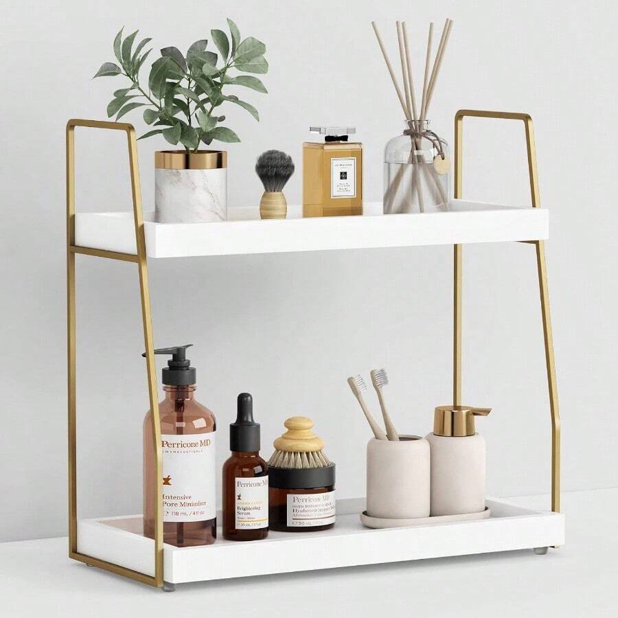 Bathroom Organizer Countertop Counter Organizer For Bathroom Decor Wooden Sink Shelf For Vanity Storage Makeup Tray For Perfume Skincare Bedroom Kitchen Corner 2 Tier White And Gold