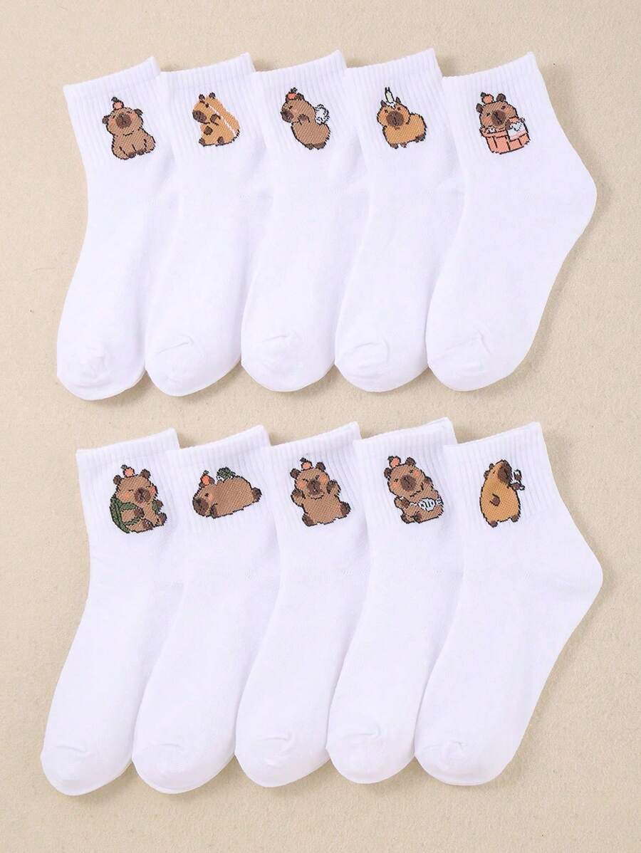 10 pares de lindos calcetines para niños con diseño de capibara, calcetines de tubo medio con capibara, aptos para niños y niñas en todas las temporadas de la vida diaria