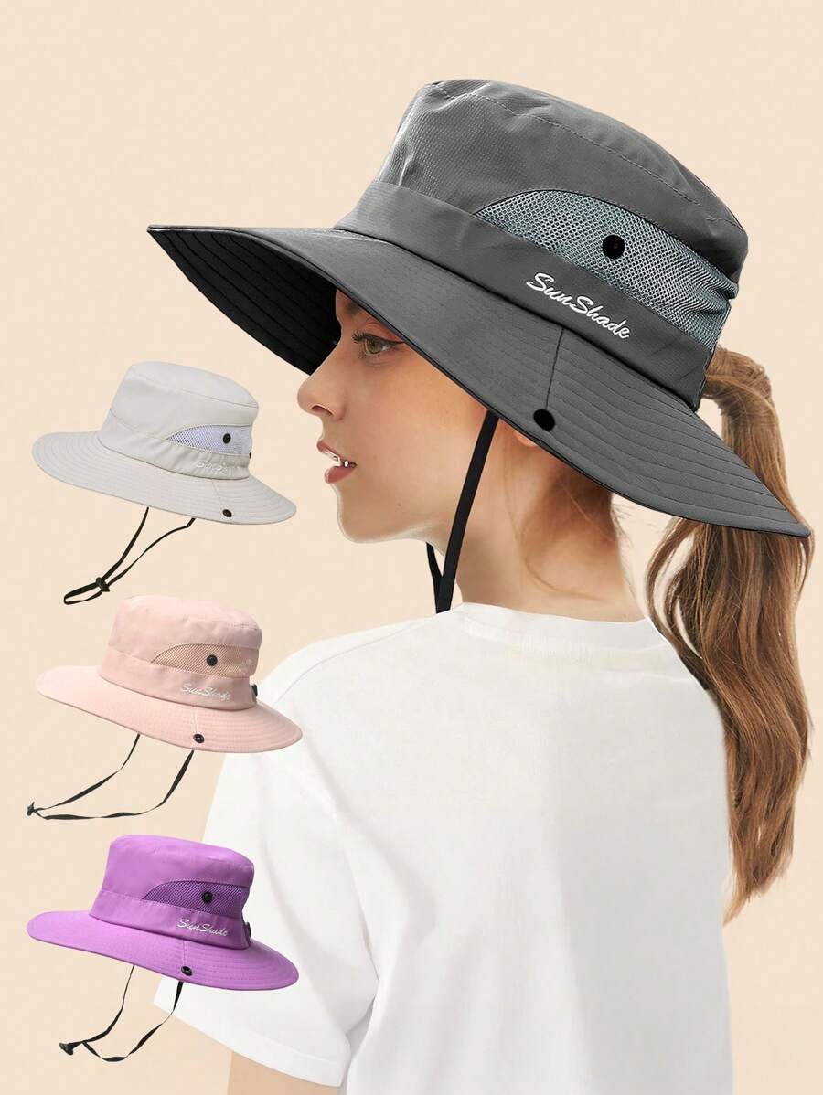 1PC Kid Sun Hats Wide Brim UV Protection Mesh Foldable Ponytail Bucket Fishing Hat Beach Cap For Fishing Hiking Gardening Outdoor