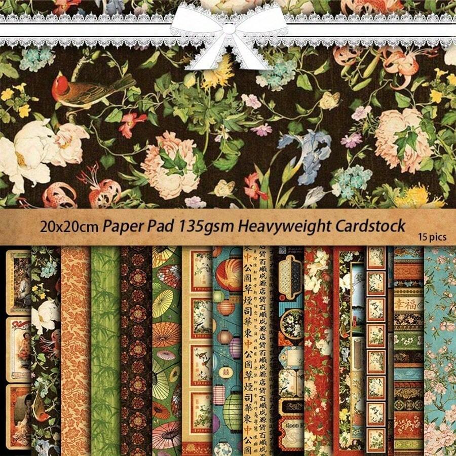 15 Stücke Große Größenige vintage japanische Zeichnungsblätter, 7.87 Inch X 7.87 Inch schweres Karton, geeignet für DIY, Journaling, Scrapbooking und Basteln - perfektes Geschenk für Frauen, Erwachsene, Studenten, Lehrer und Angestellte, handgemachte Kartenpapiere | Retro-Ästhetik | Hochwertiges Material, Papierbastelbedarf