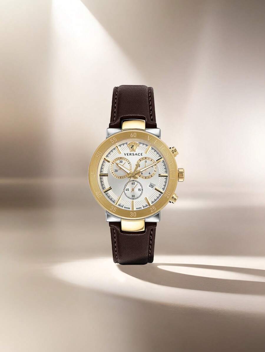 Versace Men's Quartz Watch,Brown Leather Strap Wrist Watch With Gold-Tone Steel Case,Watch Gift For Men,VEPY00220