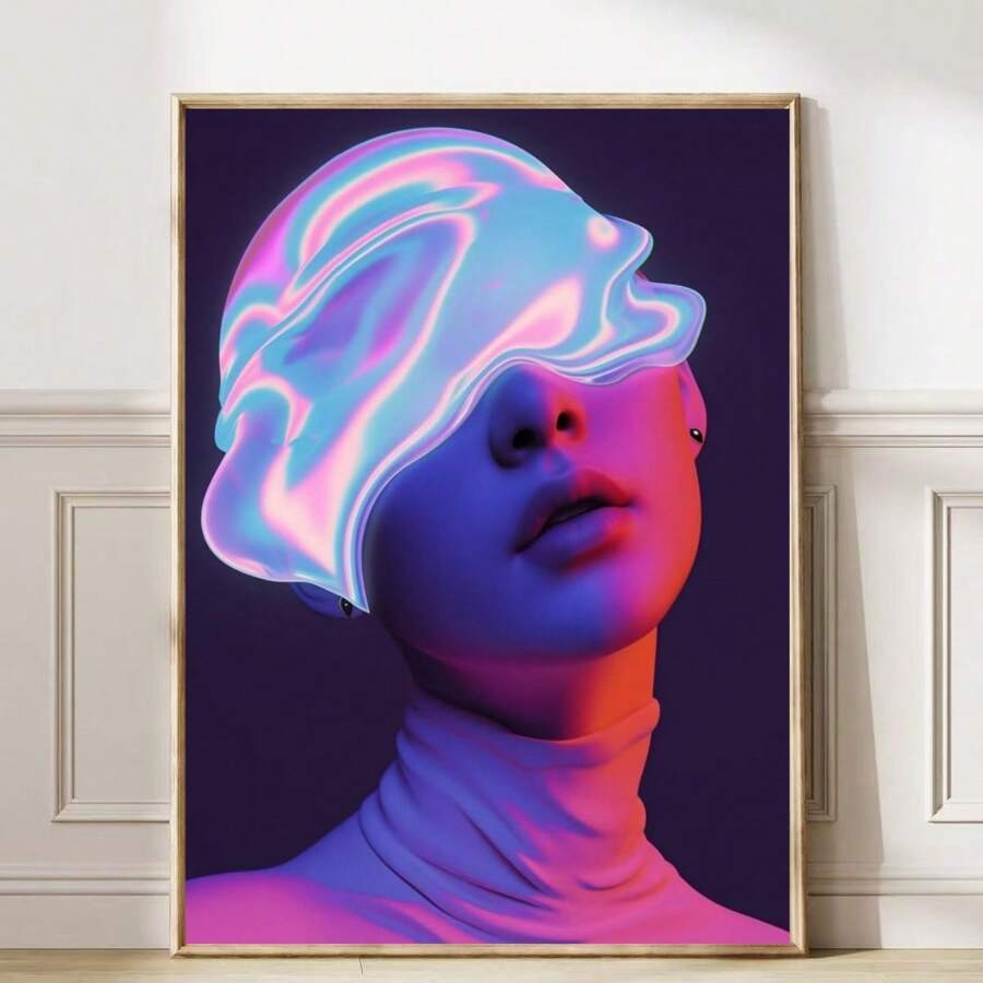 1pc Masked Figure In Neon Hues Prints Canvas Painting "Cyberpunk Neon Masked Portrait" Decor For Bedroom ,Living Room ,Office Room ,Wall Decor