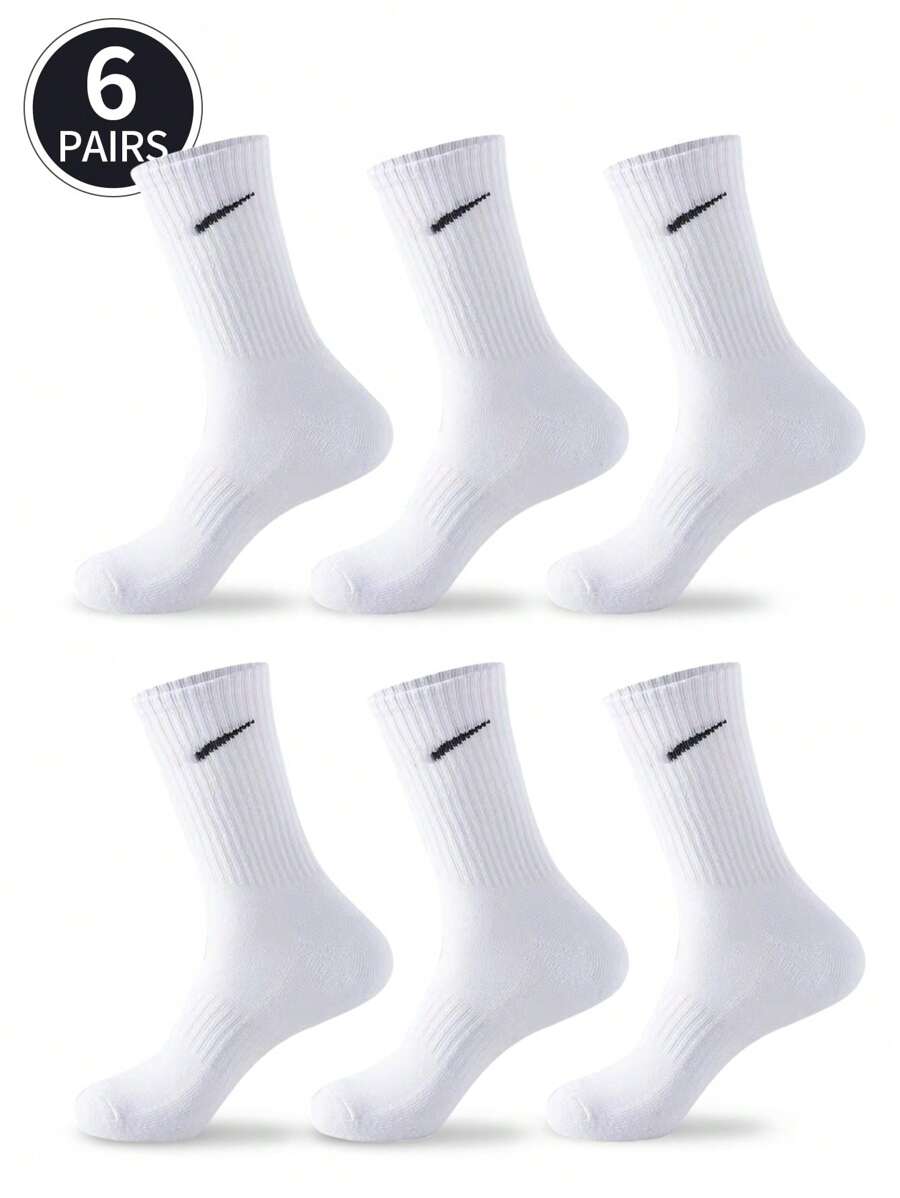 6 Pairs Men's White Solid Color Casual Mid-Calf Breathable Socks