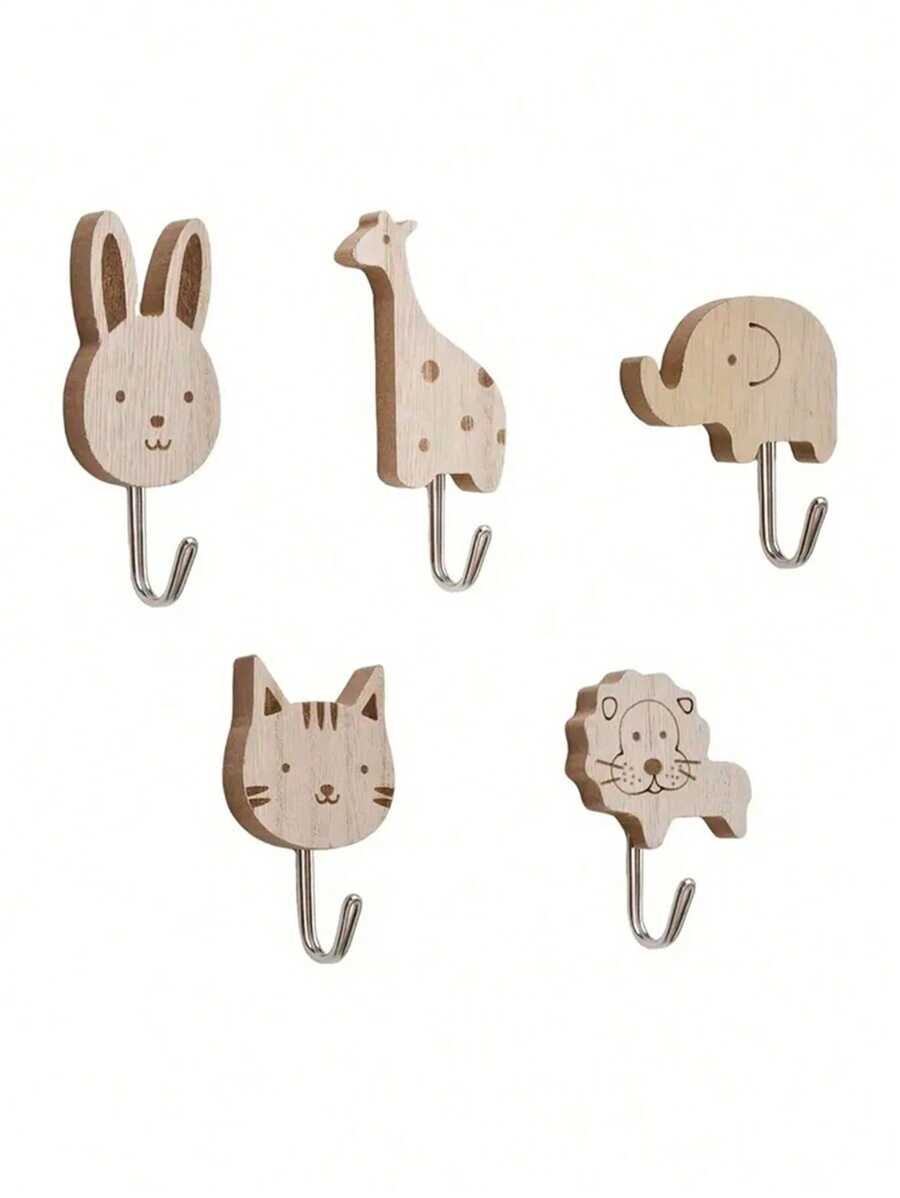 3/5pcs Cartoon Animal Wooden Decorative Wall Hook Set, DIY Home Storage & Organization Hooks For Bedroom, Bathroom, Dorm, Random Color