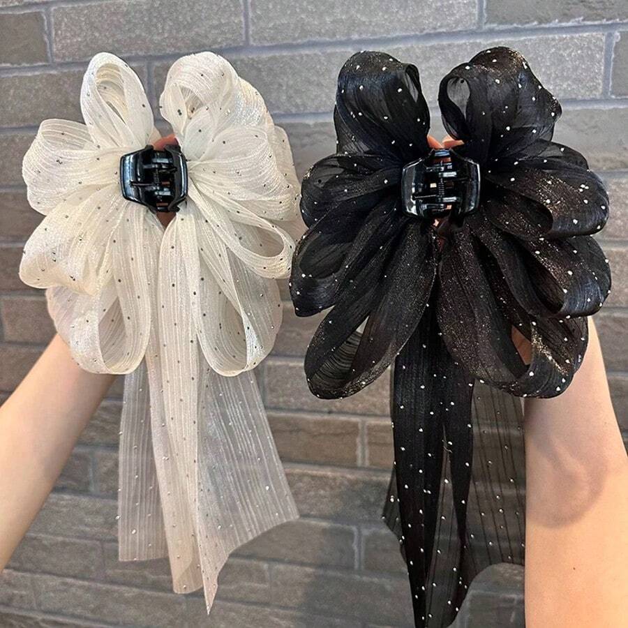 2pcs/1pc Elegant Sweet Sparkling Mesh Bow Long Ribbon Hair Claw Clips For Women, Cute High-End Hair Claw Hairpin, Suitable For Daily, School, Easter, Christmas, Holiday Gift Hair Jaw Clip Hair Clamps Hair Clutch Hair Catcher Clip