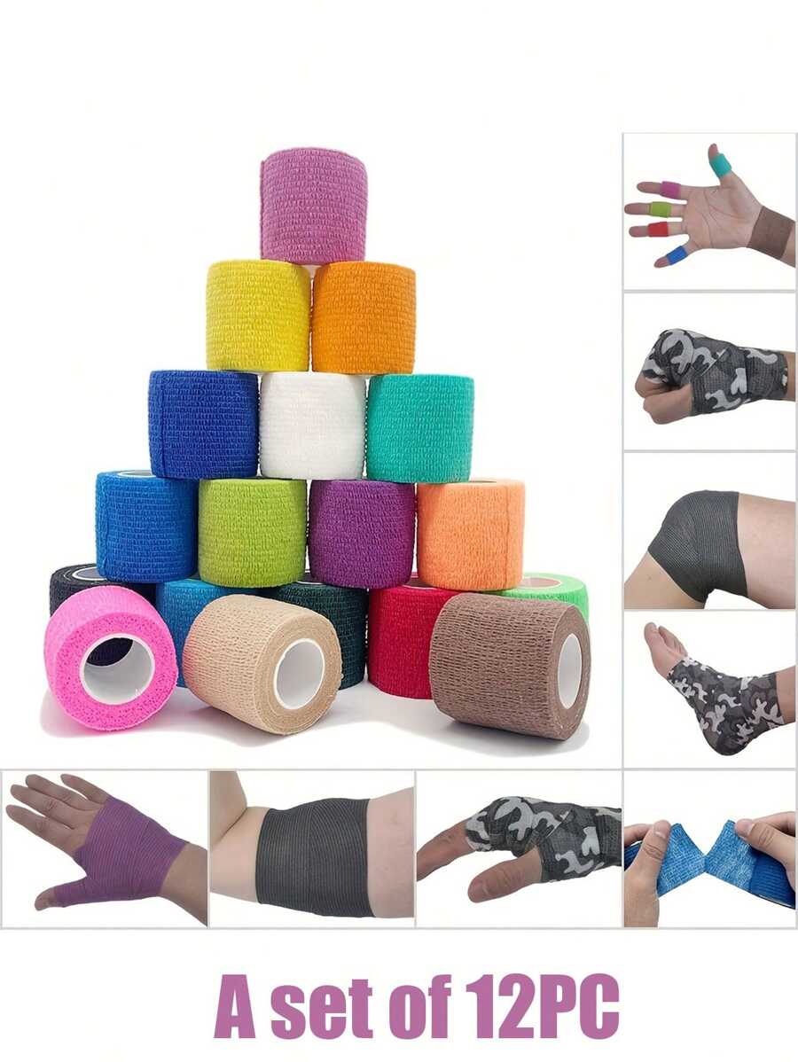 12pcs/Set Sports Wrist Wrap Set, Tear-Off Self-Adhesive Elastic Bandage, Finger Bandage, Ankle Protective Sports Bandage, Elastic Bandage, Breathable Fixed Sports Bandage, Disposable Elastic Band, Wrist Strap, For Sports Exercise Gym Accessories Sales Sports Tape