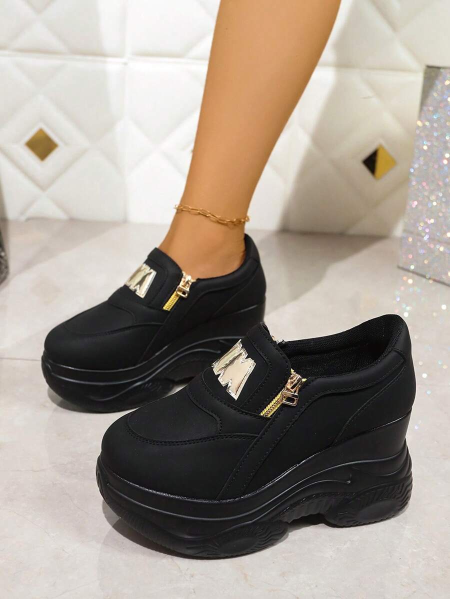 2025 Hot Selling Gold Foil Casual Sports Side Zipper Sequined Patchwork Platform Thick Sole Sports Shoes For Women, Suitable For Dancing, Square Dancing, Outdoor, All Seasons