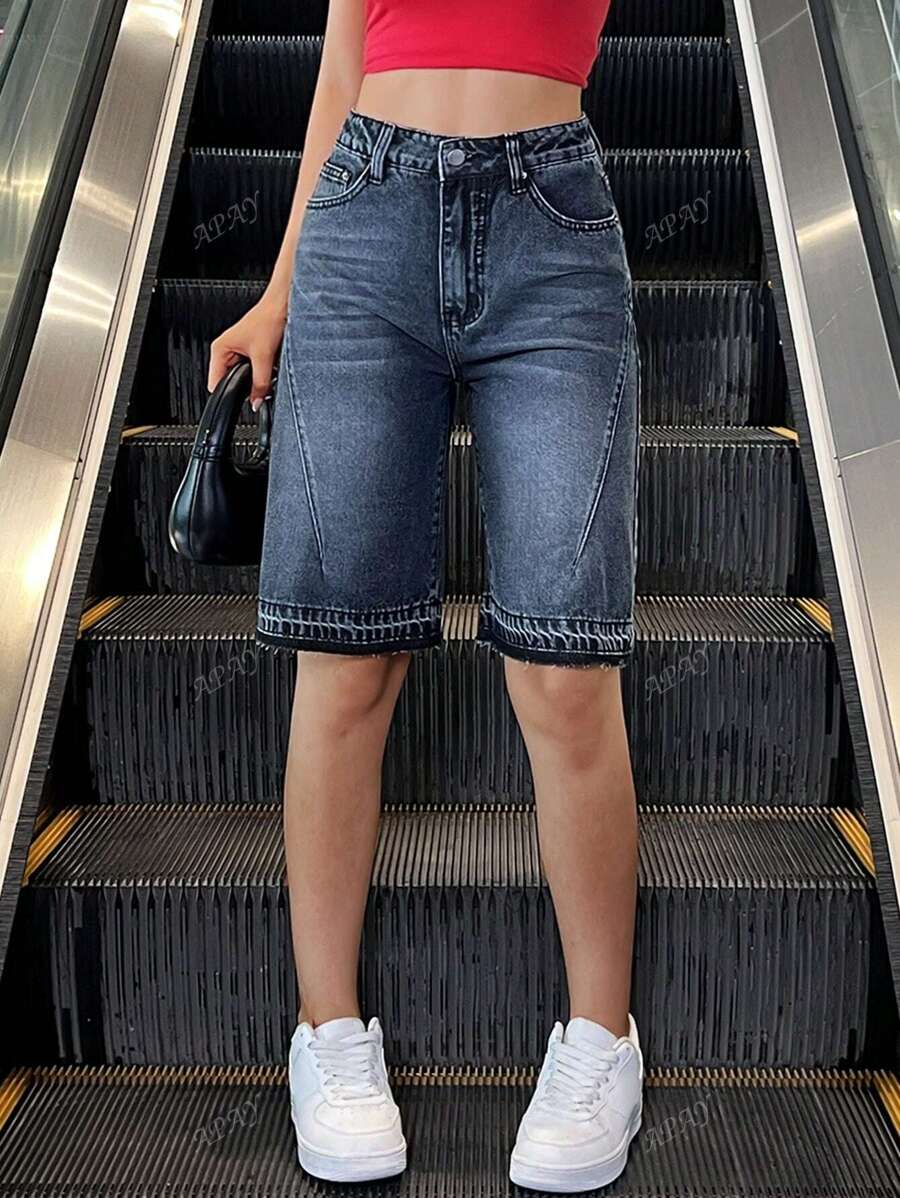 Women's Casual Washed Loose Pocket Rib Detail Mid-Length Denim Shorts