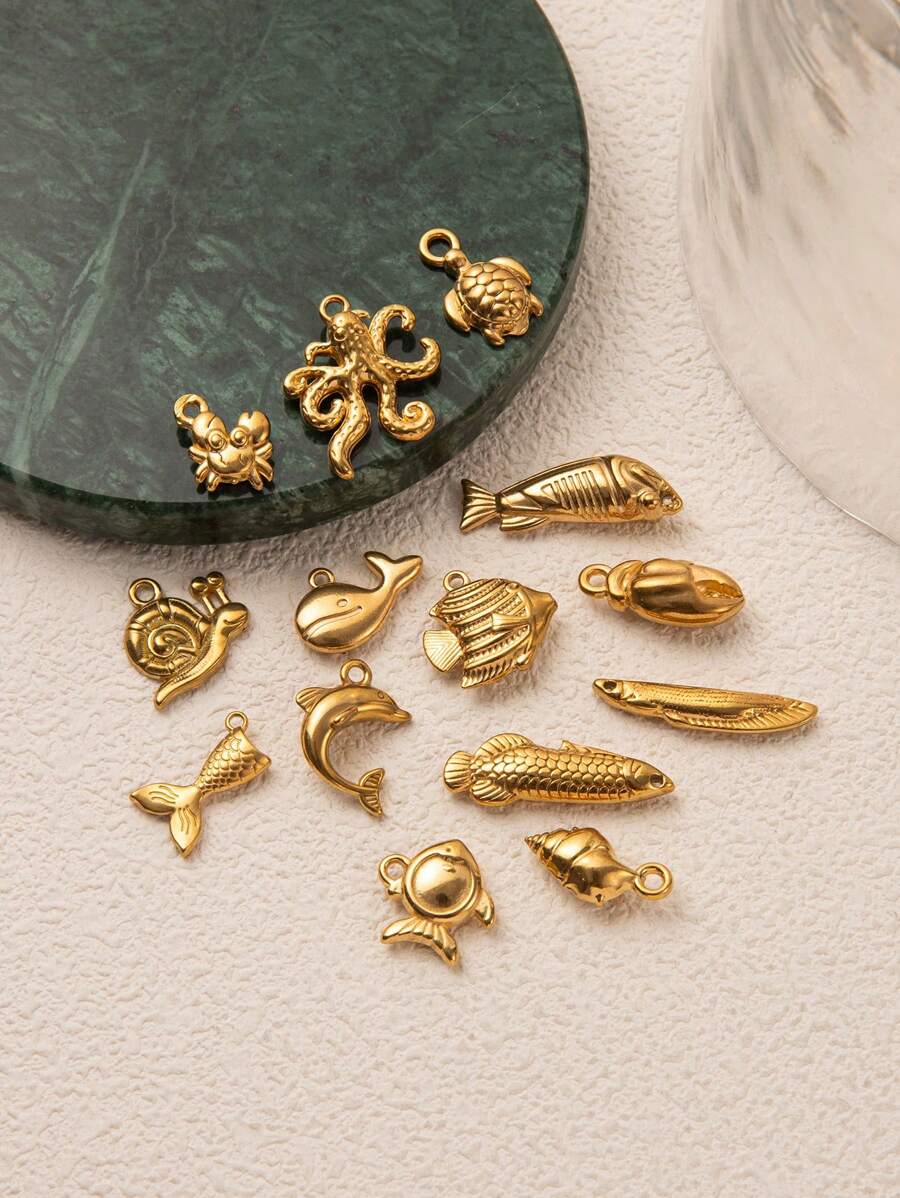 1Pc Beach Vacation Style Marine Creatures Series Mermaid Tail Goldfish Golden Dragon Fish Sea Turtle Conch Whale Octopus Crab Shaped Stainless Steel Material Pendant, DIY Necklace Bracelet Earrings Keychain Bag Chain Accessories, Electroplated 18K Gold, Waterproof And Sweat Proof, Women's Jewelry, Women's Accessories, Gifts For Wives, Mothers, Girlfriends