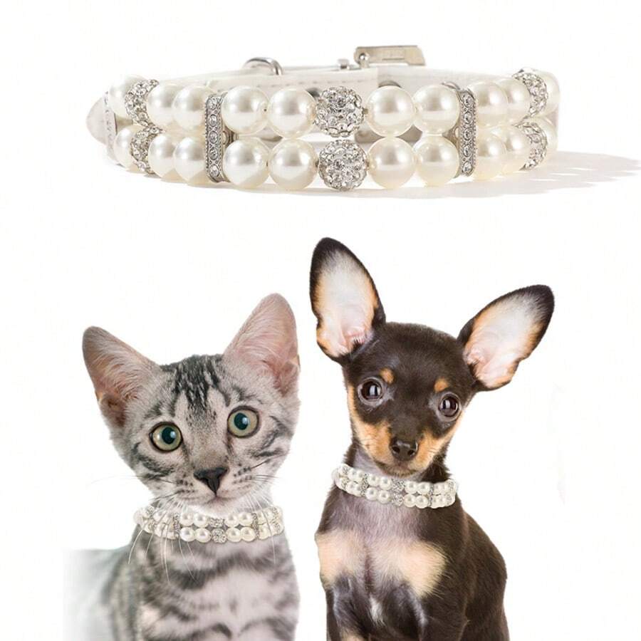 1pc Customized Pet Collar With Round Tag, Personalized Pet ID Tag, Pearl Pet Necklace & Leash Accessory For Small & Medium Dogs Cats,Cat Gift