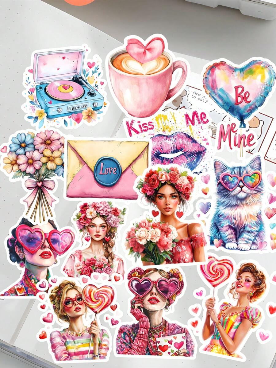 17/18 pezzi di adesivi colorati ad acquerello e pastello con cuori, ragazze floreali di primavera e motivi caffè, adesivi vintage con lettere scritte a mano per fai-da-te, scrapbooking, planner, taccuino, computer, articoli di cartoleria vintage, forniture scolastiche, ritorno a scuola