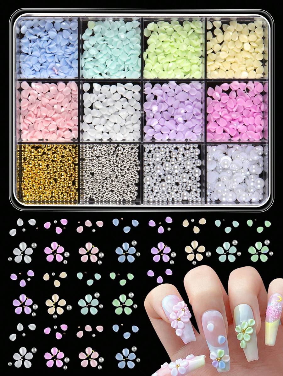 12pcs/Set Colorful Macaron-Shaped Nail Art Decorations, Resin Flower Petals Decor With Mixed Metallic Beads, Manicure Accessory Set