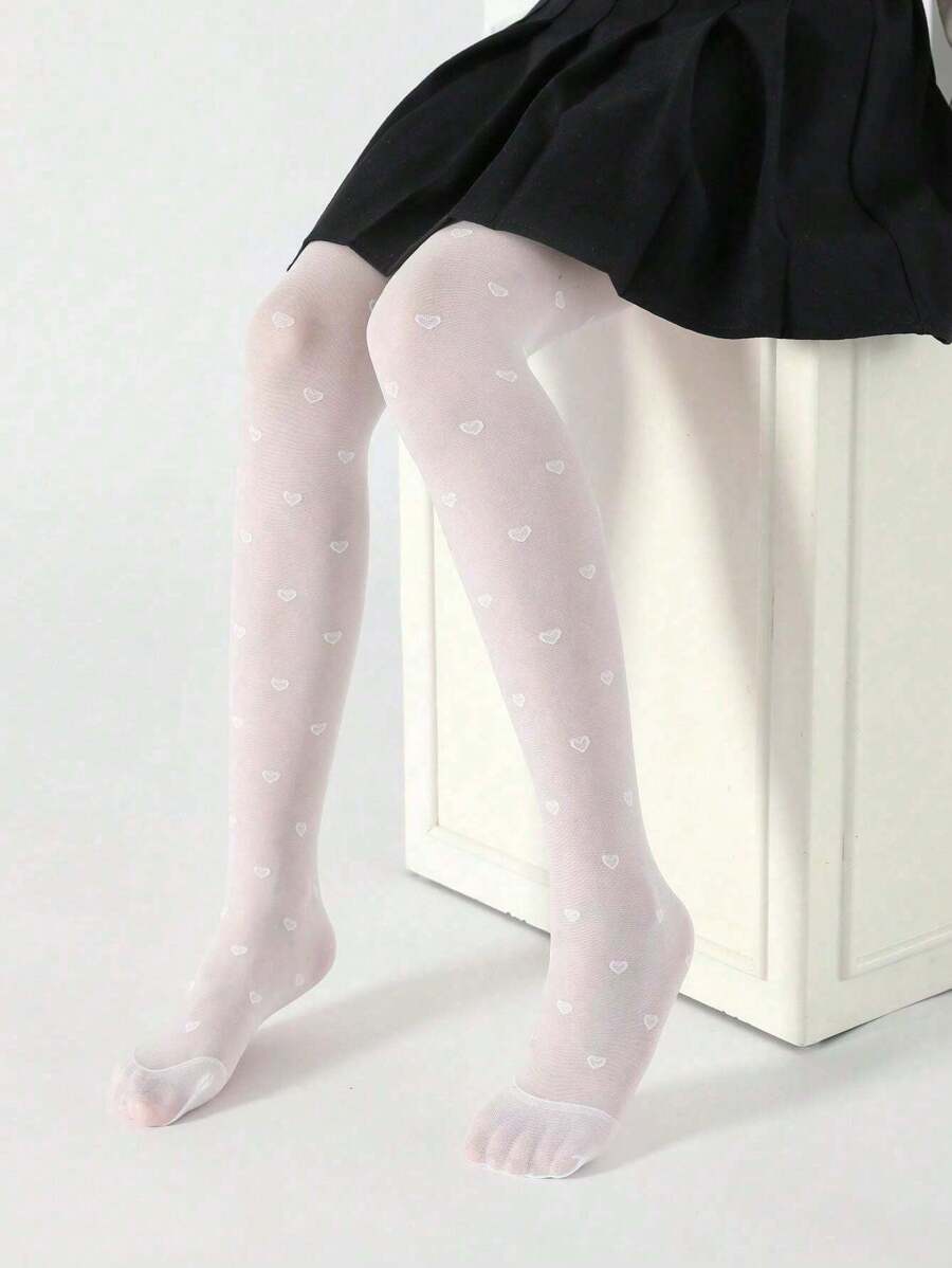 Girls Leggings, Kids Skinny Pants, Infant Tights, White, Solid Color, Children Dance Pants, Footless Mesh Leggings, Cartoon Heart Pattern, Jacquard Thin Fabric, High Stretch Footless Mesh Tights, Suitable For Daily, Collegiate Cute Style Dance Pants, Spring Summer All Season Regular Footless Pants, Suitable For Student Daily Gatherings, Can Be Paired With Skirts, Shorts, Shoes, Back To School Skinny Pants