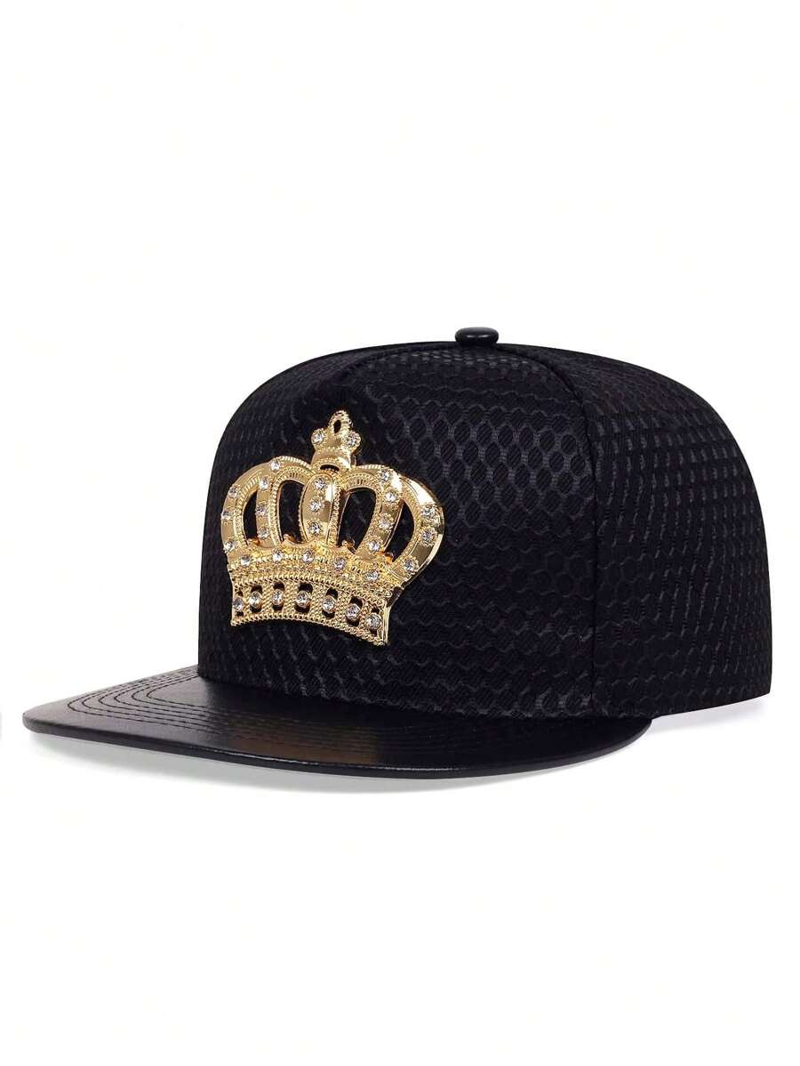 1pc Men's Metal Crown Decor PU Brim Casual Snapback Hat, Adjustable Sun Protection Outdoor Hat, Spring & Autumn