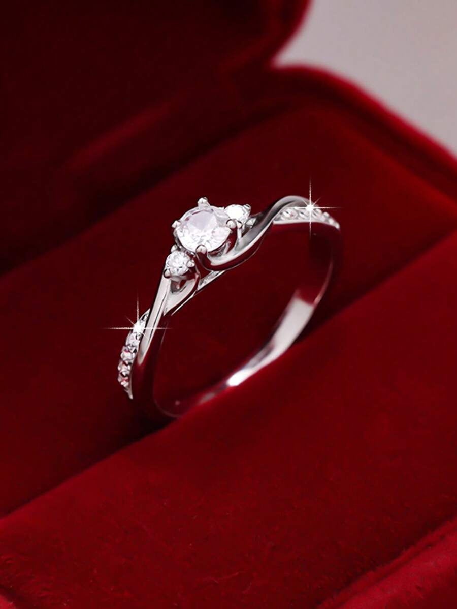 1pc Minimalist & Versatile 4-Claw Cubic Zirconia Round White Stone Engagement / Wedding Ring, Suitable For Women, Perfect For Weddings, Valentine's Day Gift