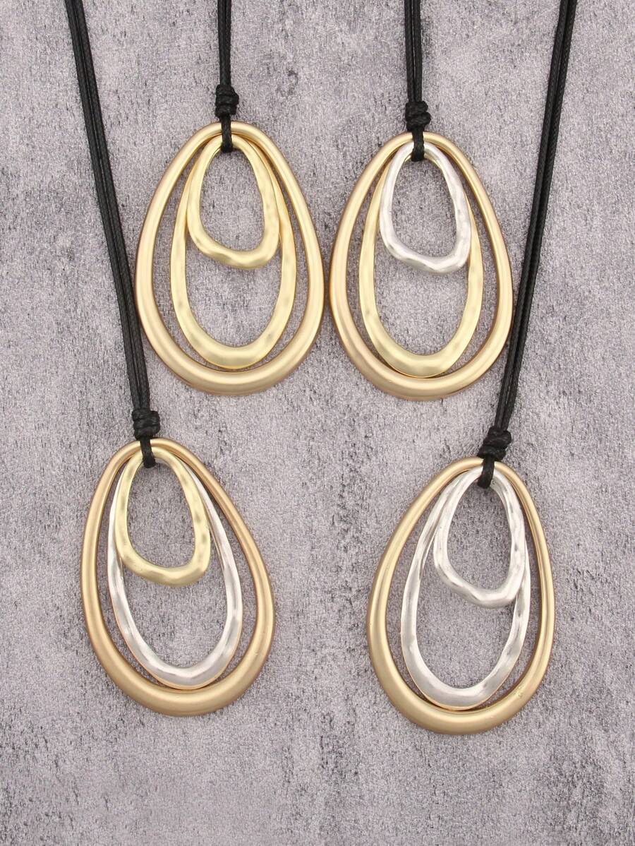 1 Stück modischer, eleganter ovaler, wassertropfenförmiger, übertriebener Metallkette, unisex multi-schleifiges asymmetrisches geometrisches Design, personalisierte Kette mit schwarzem Wachsseil und langer Kette, Geschenk für Freundin, Mutter oder Geliebte