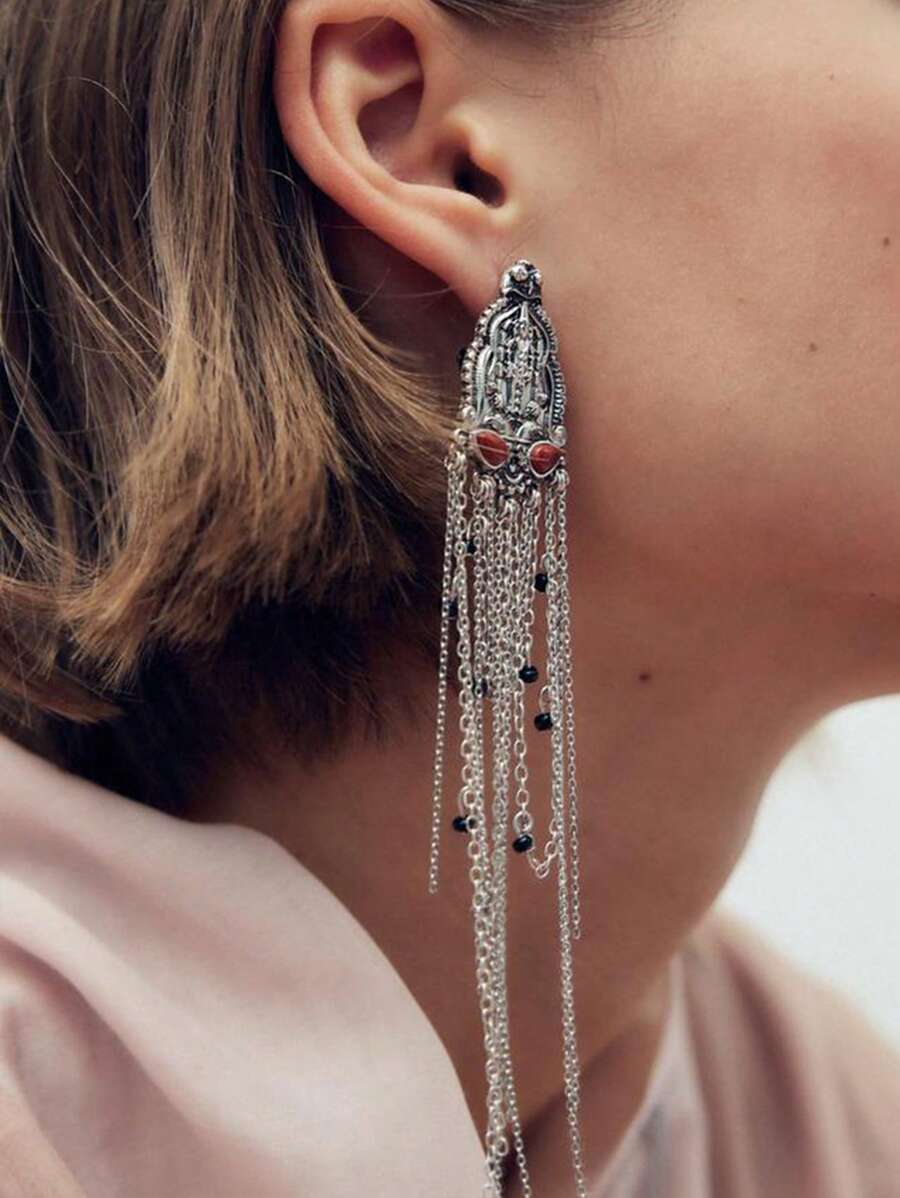 ZAA Tassel Earrings, Niche Design, Metal Chain, Long Tassel Earrings, Retro, High-End Versatile, Women's Earrings, Bohemian Style