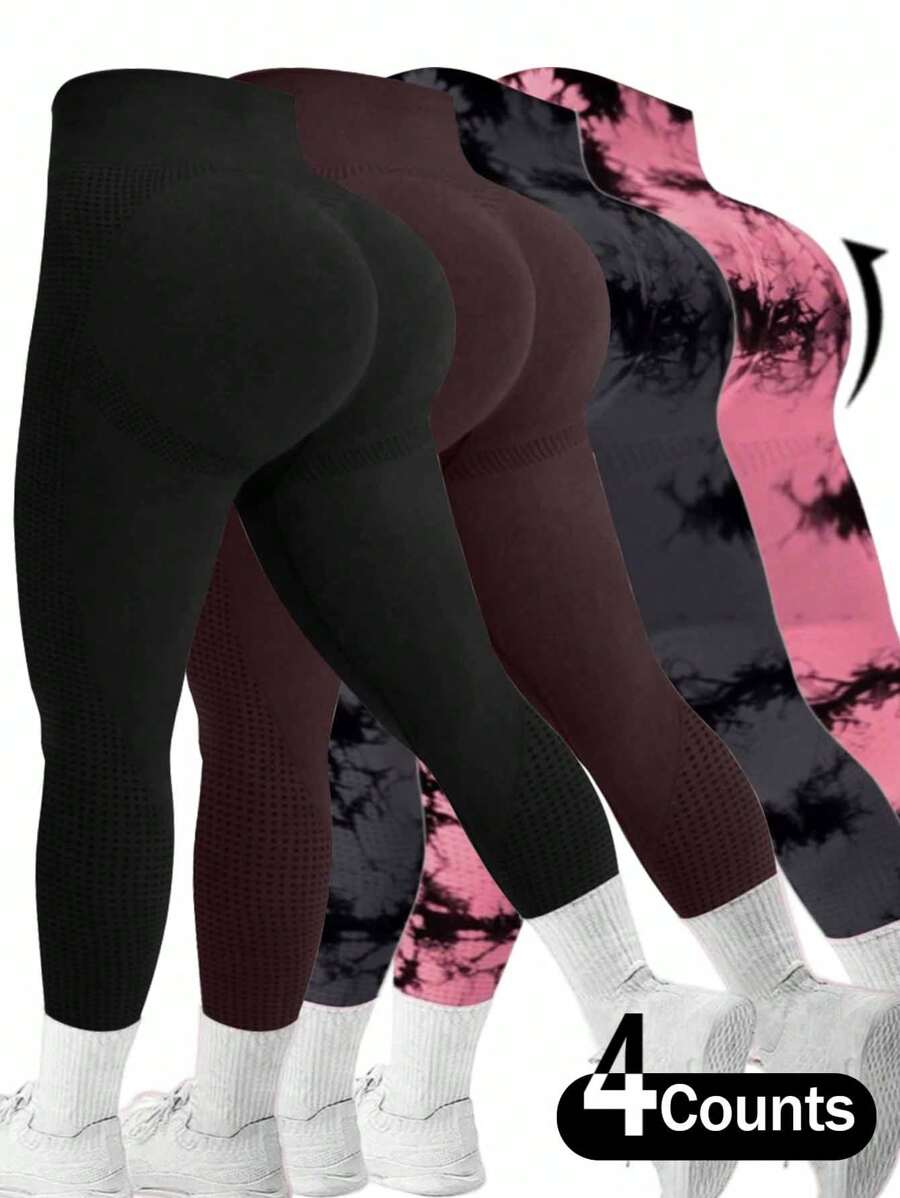 Plus Size Women's Four-Piece Set Of High-Waisted Hip Lift Peach Hip Knitted Yoga Pants For Women Tight Height Elastic Breathable Comfort
