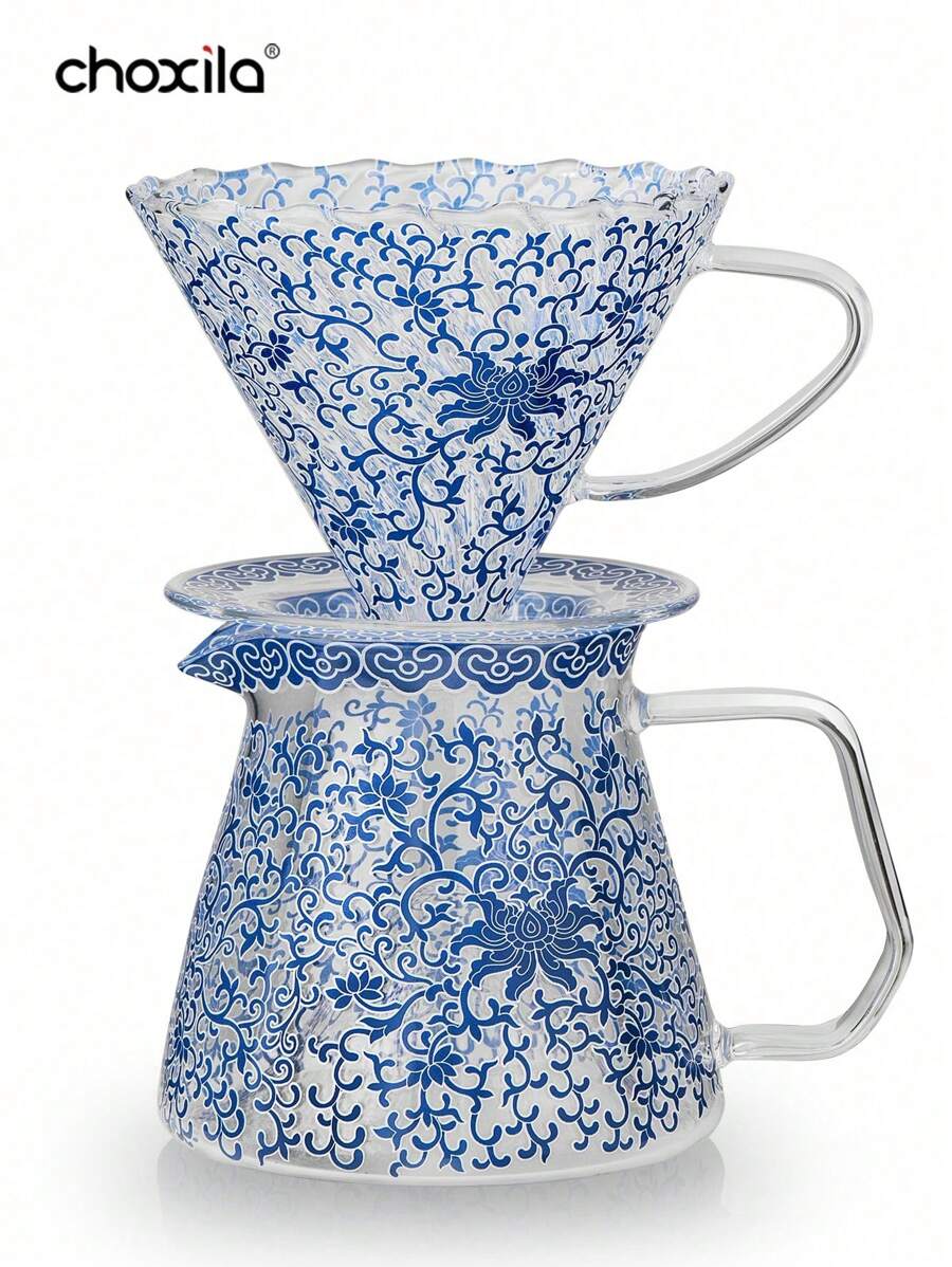 choxila 1 Stück 400ml (13,5 Unzen) Kaffeekocher mit blau-weißem Porzellanmuster, Kaffeetopf und Kaffeefilter mit Spitzenmuster, Glas-Kaffee-Kocher und Kaffee-Dripper, hitzebeständiges Glas Kaffee Geschenkset für den Haushalt