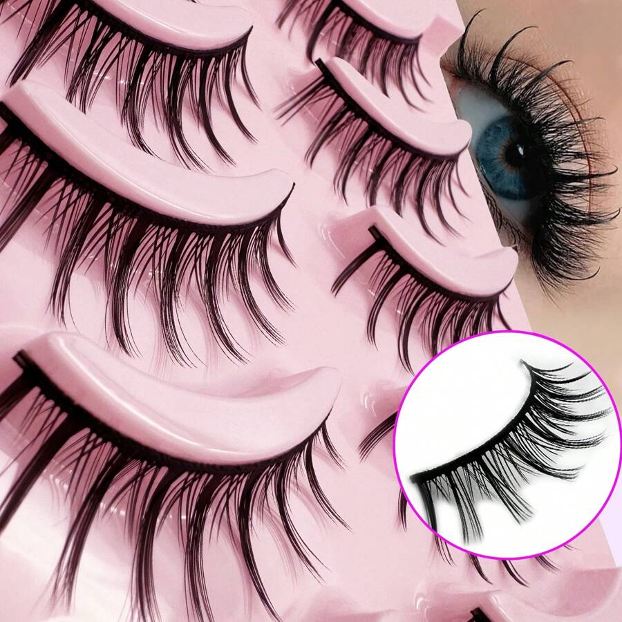 5 pares Cílios Manga Olhar Natural Estilo Anime Wispy 3D Curto Cílios Falsos, com Banda Fina Cílios para Cosplay DIY em Casa (Cutey)