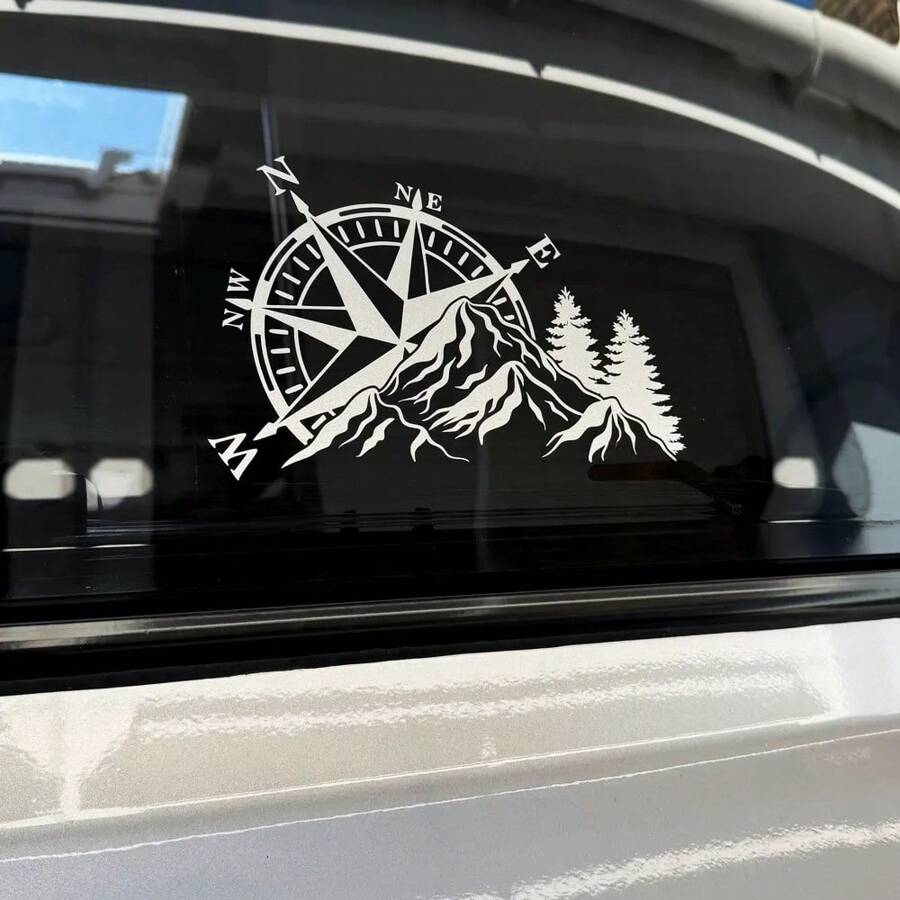 1 Pc Compass Mountain Forest Vinyl Decal, Waterproof Traveling Adventure Style Sticker For Off-Road Vehicle RV Camper Trailer Caravan