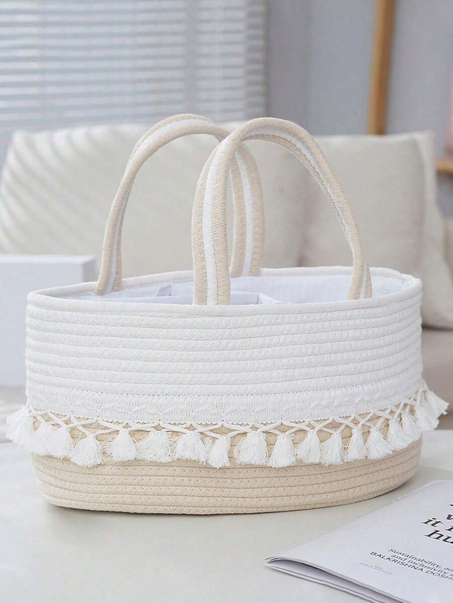 1pc Baby Diaper Storage Basket, Toy Organizer Basket With Tassel Handle, Handwoven Divided Portable Design