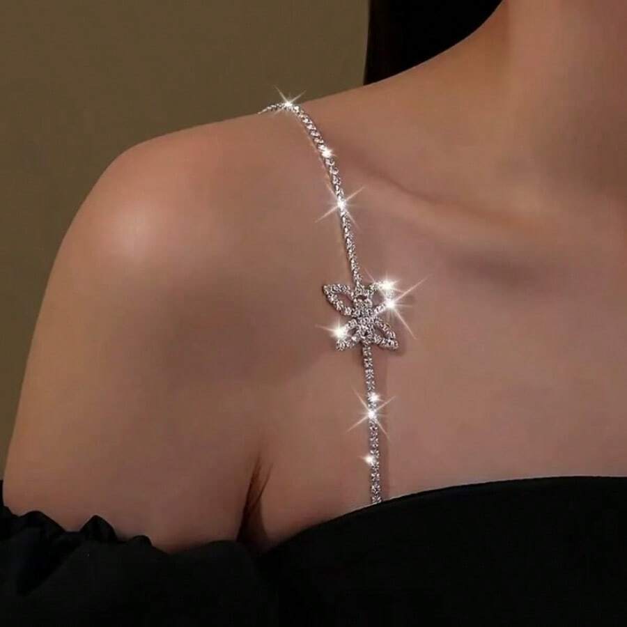 A Piece Elegant Butterfly Body Chain - Adjustable Rhinestone Shoulder Chain Accessory With Chic Off-The-Shoulder Straps, Featuring An Elegant And Minimalist Design, A Sexy Invisible Appearance, And Versatile Wear - Suitable For Dresses And Off-The-Shoulder Outfits.