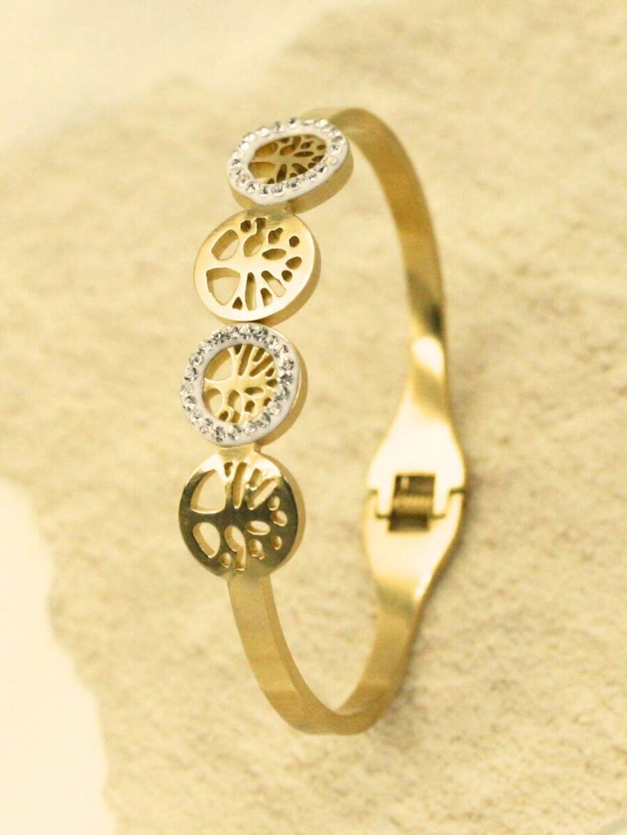 1pc Fashionable & Elegant 4-Tree Cubic Zirconia Bangle, Versatile Gold Color Bracelet Suitable For Party, Festival And Daily Wear