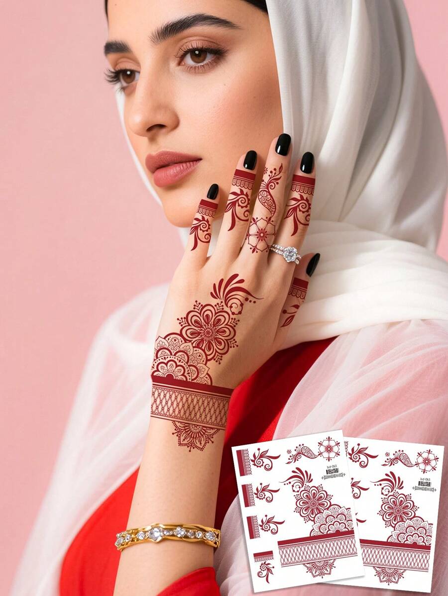 4pcs Henna Lace Floral Mandala Waterproof Temporary Tattoo Sticker, For Women, Suitable For Festivals, Parties, Weddings, Makeup Performance, Multi-Scene Design