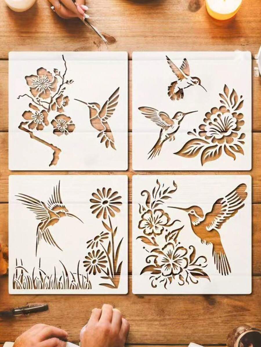 Set Of 4 Hummingbird Stencils, 7-Inch Reusable Bird, Floral, And Branch Painting Templates For Use On Wooden Signs, Murals, Canvas, Furniture, And Porch Decorations.,Back To School,School Supplies