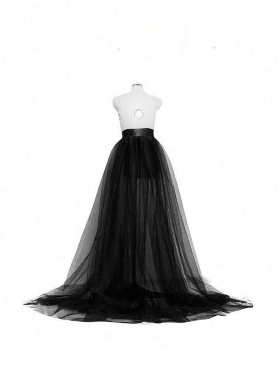 1pc European & American Style Tulle Skirt With Waist Tie & Detachable Lining, Available In Black, White, Red